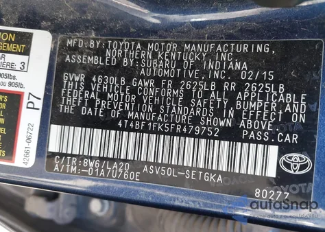 2015 Toyota Camry Xle z USA, uszkodzony, nr VIN 4T4BF1FK5FR479752